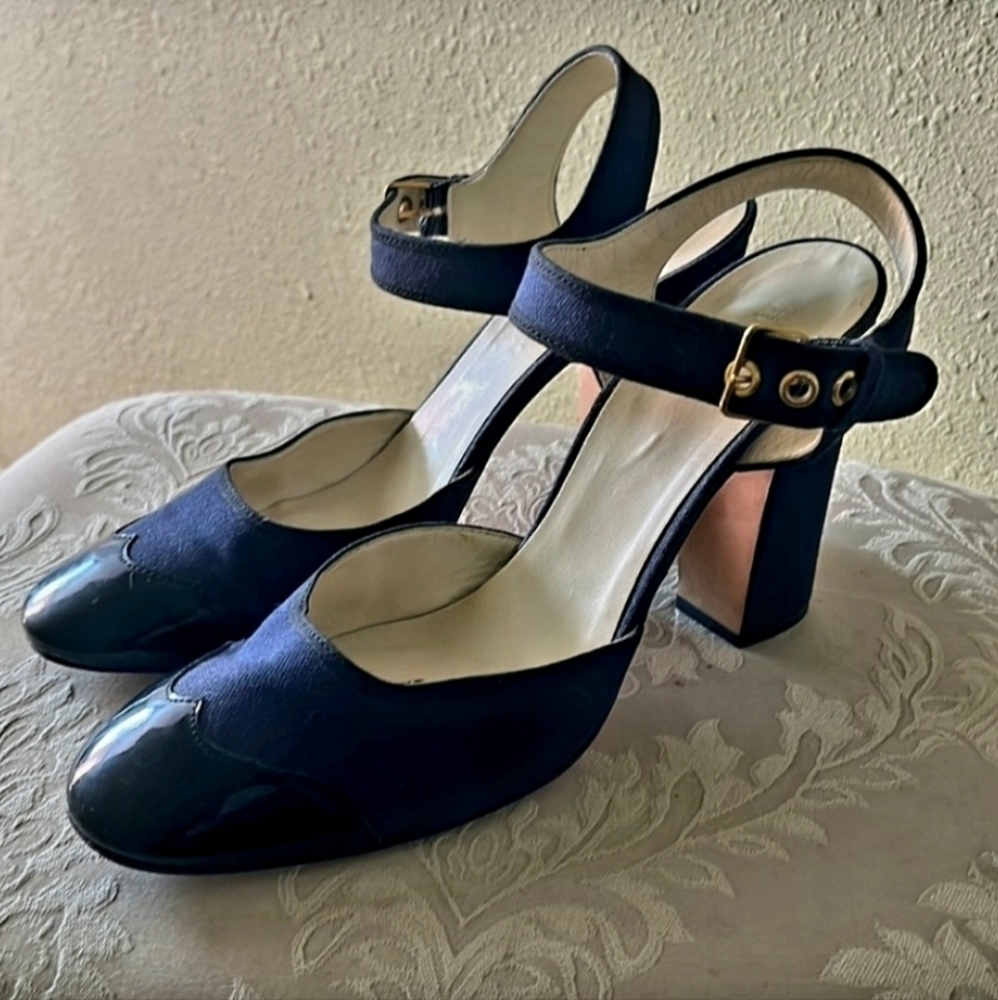💯Miu Miu Navy Mary Jane Block Heels